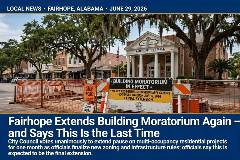 Illustration for the news story: Fairhope Extends Building Moratorium Again — and Says This Is the Last Time