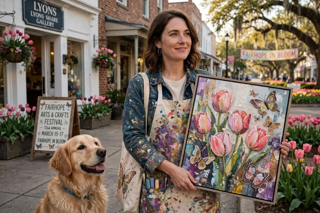 Illustration for the news story: Fairhope in Bloom: Artist Elisabeth Hays, From a Glitter-Covered Attic to the Festival’s Centerpiece