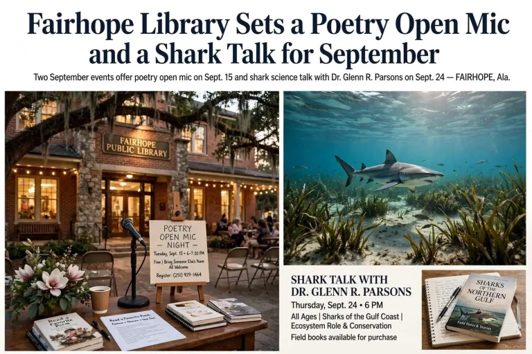 Illustration for the news story: Fairhope Library Sets a Poetry Open Mic and a Shark Talk for September