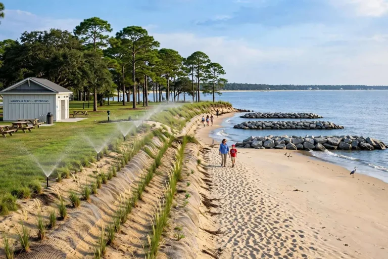 Illustration for the news story: Three Breakwaters and 15 Years of Talk Later, Fairhope’s Magnolia Beach Rebuild Is Done