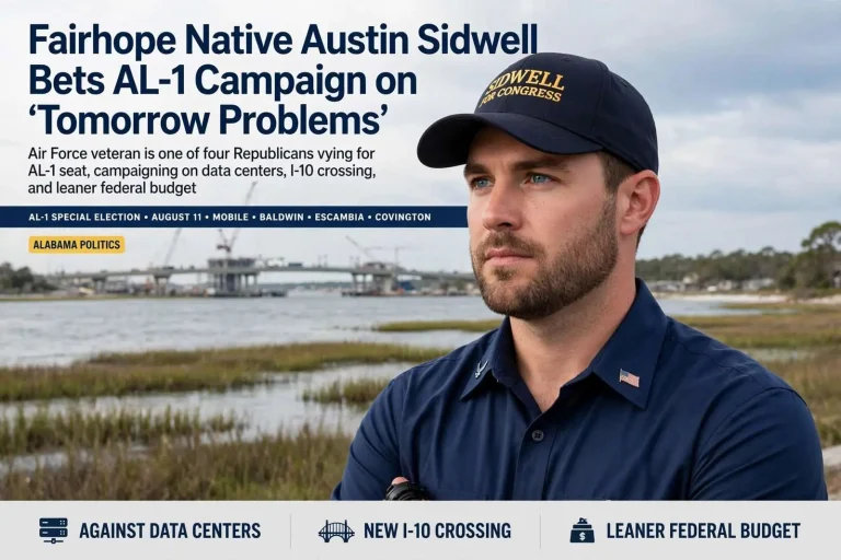 Illustration for the news story: Fairhope Native Austin Sidwell Bets AL-1 Campaign on ‘Tomorrow Problems’