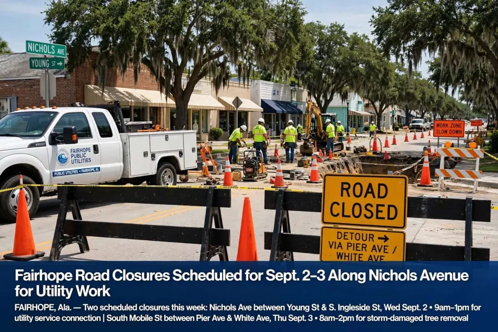 Illustration for the news story: Fairhope Road Closures Scheduled for Sept. 2-3 Along Nichols Avenue for Utility Work