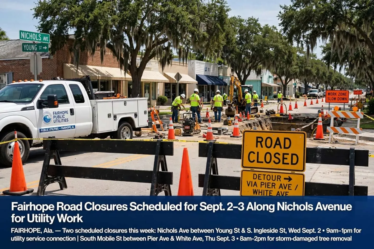 Illustration for the news story: Fairhope Road Closures Scheduled for Sept. 2-3 Along Nichols Avenue for Utility Work