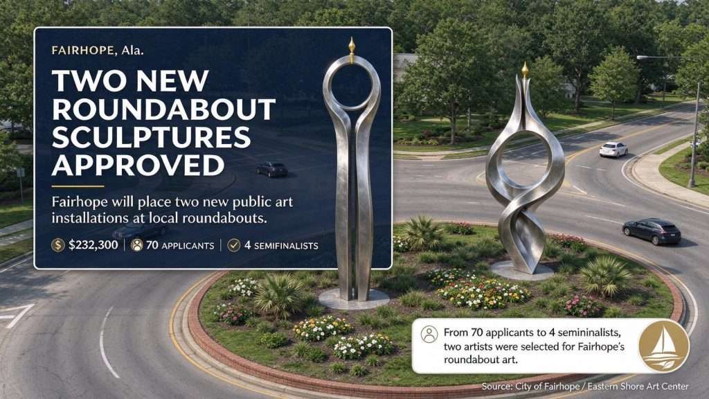 Illustration for the news story: Fairhope Commissions Two Roundabout Sculptures for $232,300 After Narrowing 70 Applicants to Four