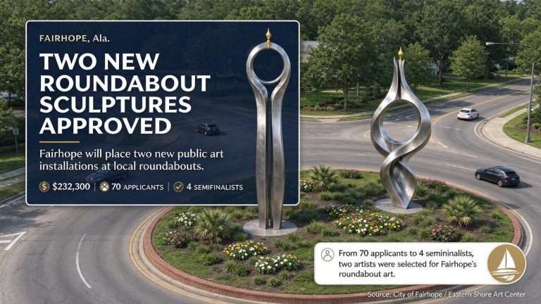 Illustration for the news story: Fairhope Commissions Two Roundabout Sculptures for $232,300 After Narrowing 70 Applicants to Four