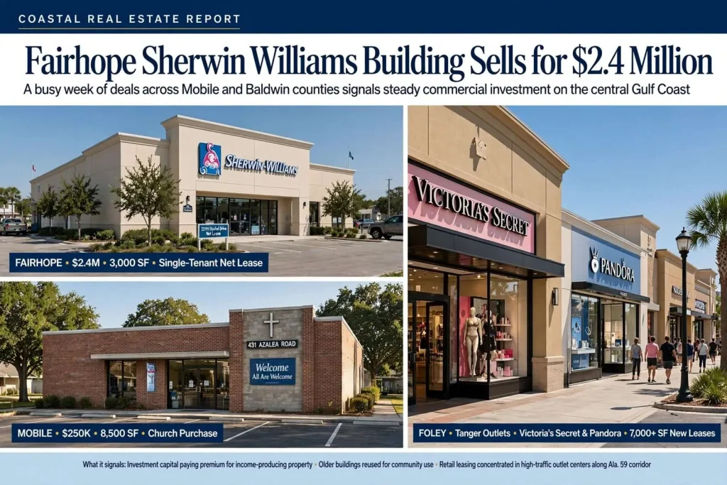 Illustration for the news story: Fairhope Sherwin Williams Building Sells for $2.4 Million in a Busy Week of Coastal Deals