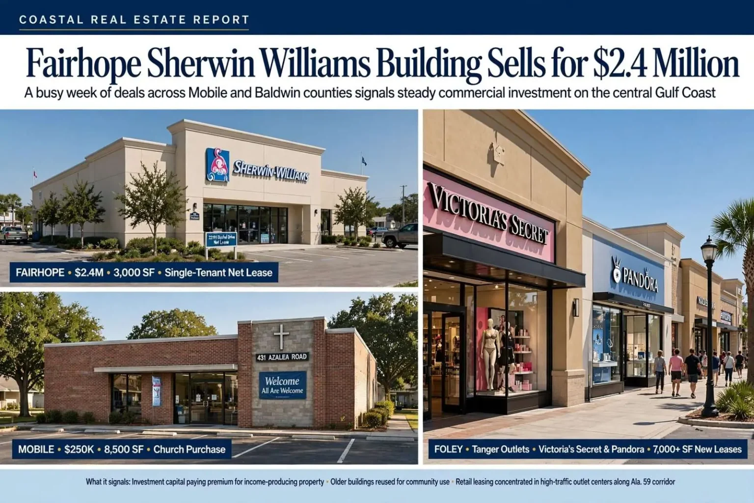 Illustration for the news story: Fairhope Sherwin Williams Building Sells for $2.4 Million in a Busy Week of Coastal Deals