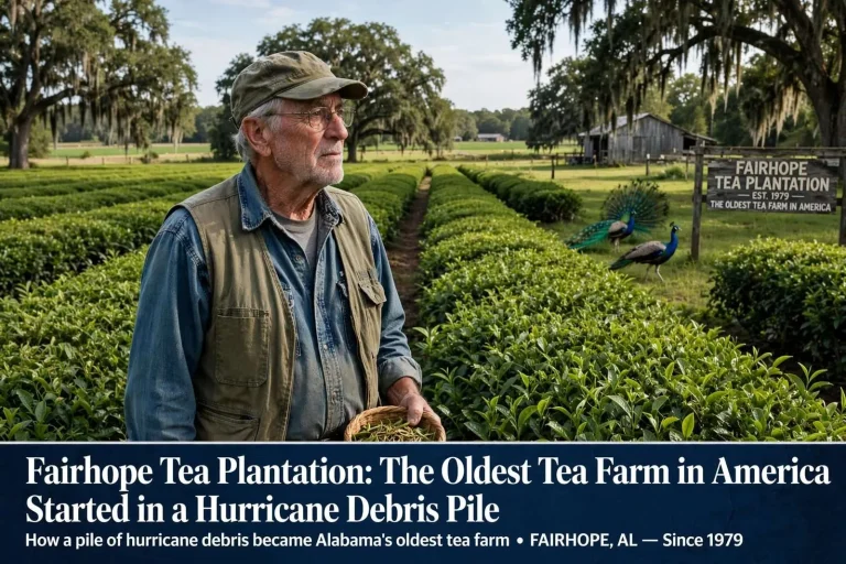 Illustration for the news story: Fairhope Tea Plantation: The Oldest Tea Farm in America Started in a Hurricane Debris Pile