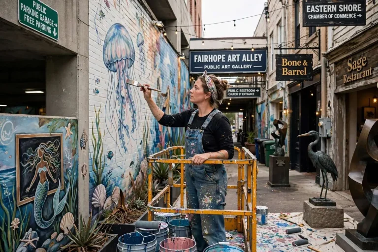 Illustration for the news story: Fairhope’s Art Alley Gets Its Painter: How Hannah Legg Went From Chalkboard Mermaid to Certified Lift Operator