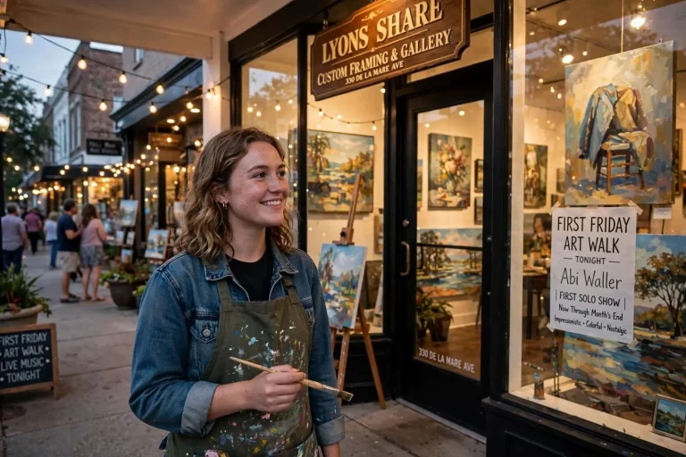 Illustration for the news story: Fairhope’s First Friday Art Walk Scene Meets Its Newest Painter: Abi Waller