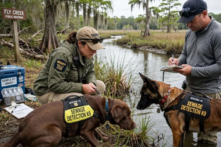 Illustration for the news story: Fairhope’s Sewage-Sniffing Dogs Pass Their First Real Test in Fly Creek
