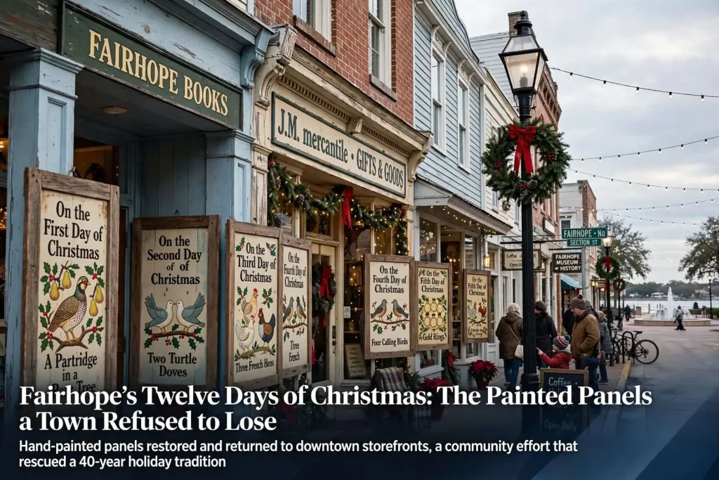 Illustration for the news story: Fairhope’s Twelve Days of Christmas: The Painted Panels a Town Refused to Lose