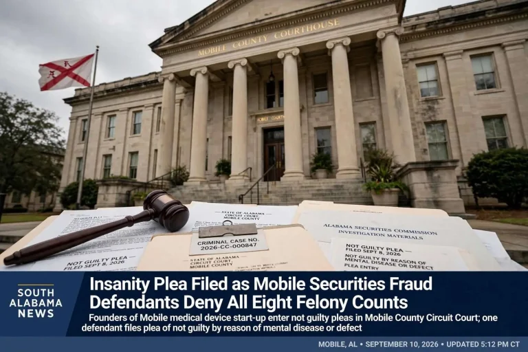 Illustration for the news story: Insanity Plea Filed as Mobile Securities Fraud Defendants Deny All Eight Felony Counts
