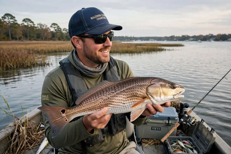 Illustration for the news story: Fall Inshore Fishing on Mobile Bay: Redfish Move Shallow as the Crowds Go Home