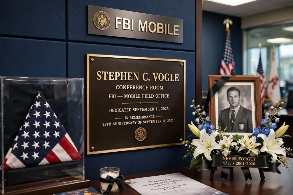 Illustration for the news story: FBI Mobile Dedicates Conference Room to Agent Steve Vogle on 9/11’s 25th Anniversary