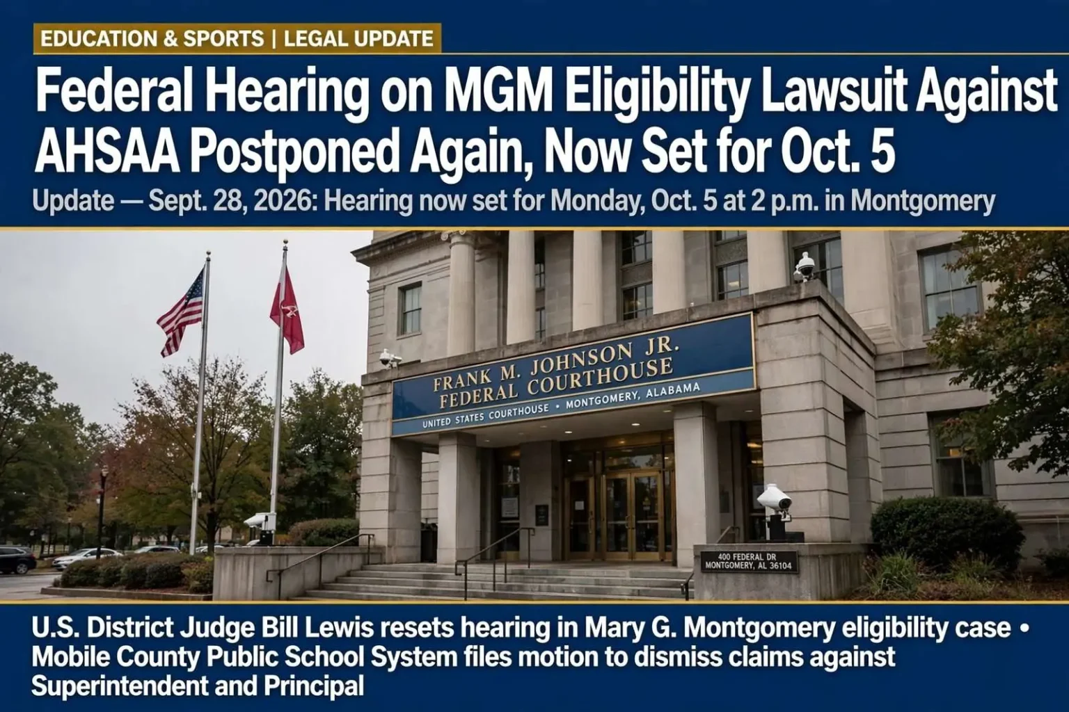 Illustration for the news story: Federal Hearing on MGM Eligibility Lawsuit Against AHSAA Postponed Again, Now Set for Oct. 5