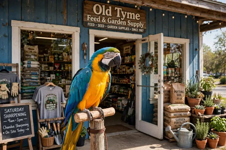 Illustration for the news story: A Macaw Named Bama and 35 Years of Service at Fairhope’s Old Tyme Feed