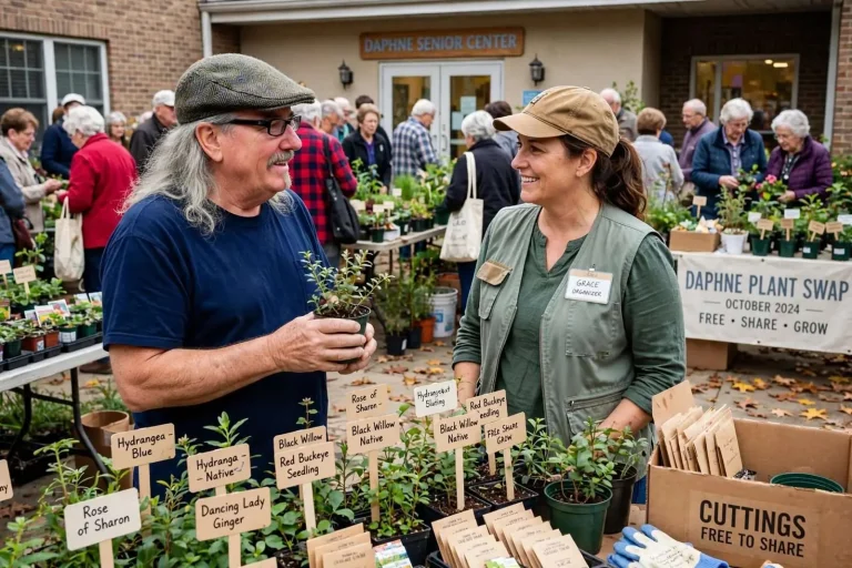 Illustration for the news story: Felder Rushing Joins Daphne Plant Swap as Grace Skidmore Spreads Pass-Along Gardening