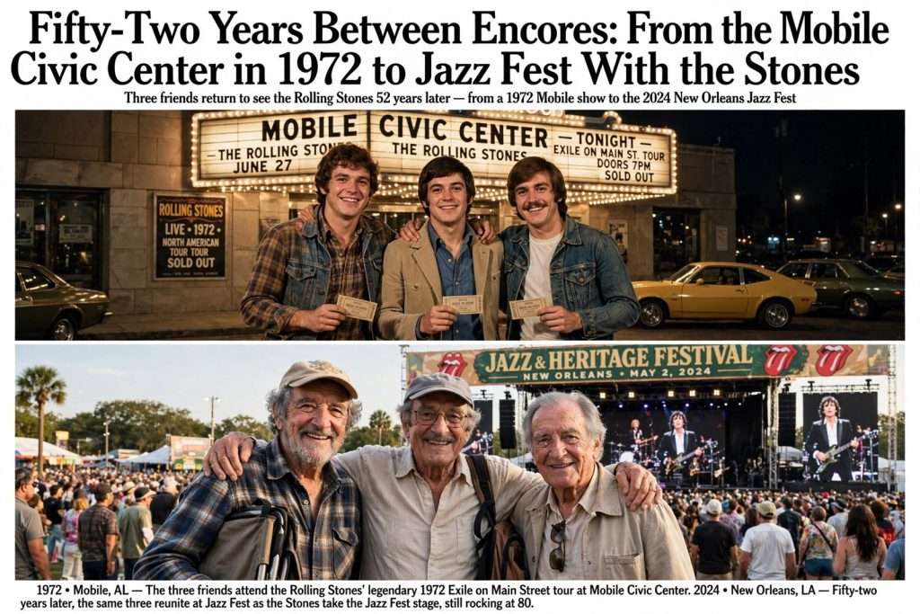 Illustration for the news story: Fifty-Two Years Between Encores: From the Mobile Civic Center in 1972 to Jazz Fest With the Stones