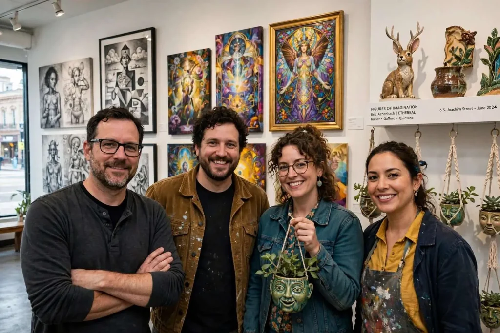 Illustration for the news story: Figures, Myths and Face Plants: Four Mobile Artists Shared a Gallery Wall Downtown
