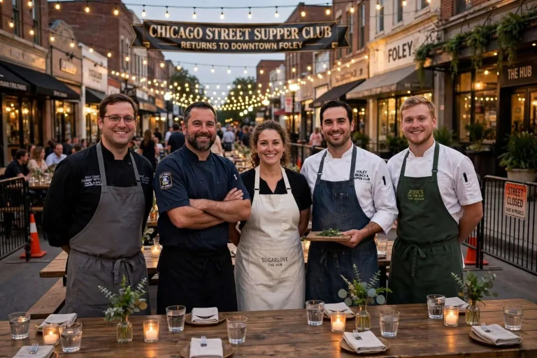 Illustration for the news story: Five Chefs, Four Courses and a Closed Street: The Chicago Street Supper Club Returns to Downtown Foley