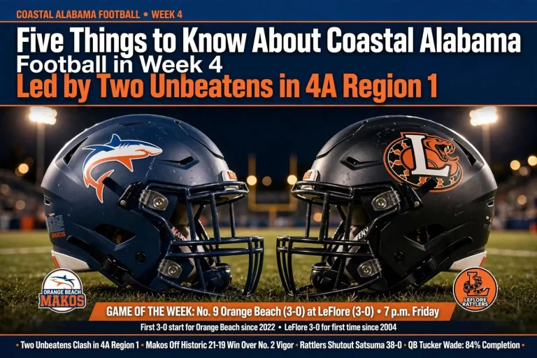Illustration for the news story: Five Things to Know About Coastal Alabama Football in Week 4, Led by Two Unbeatens in 4A Region 1
