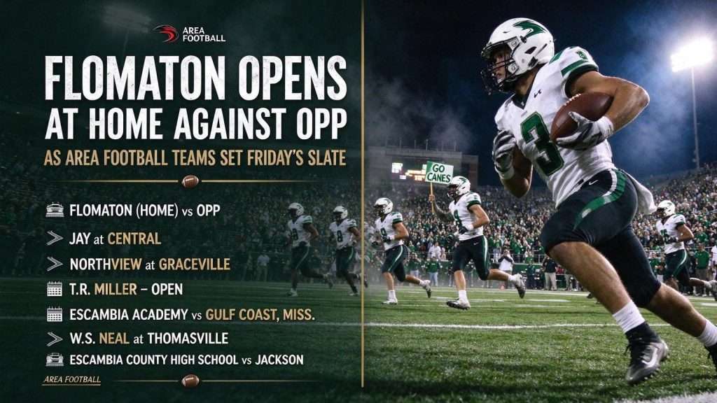 Illustration for the news story: Flomaton Opens at Home Against Opp as Area Football Teams Set Friday’s Slate