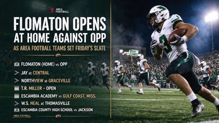 Illustration for the news story: Flomaton Opens at Home Against Opp as Area Football Teams Set Friday’s Slate