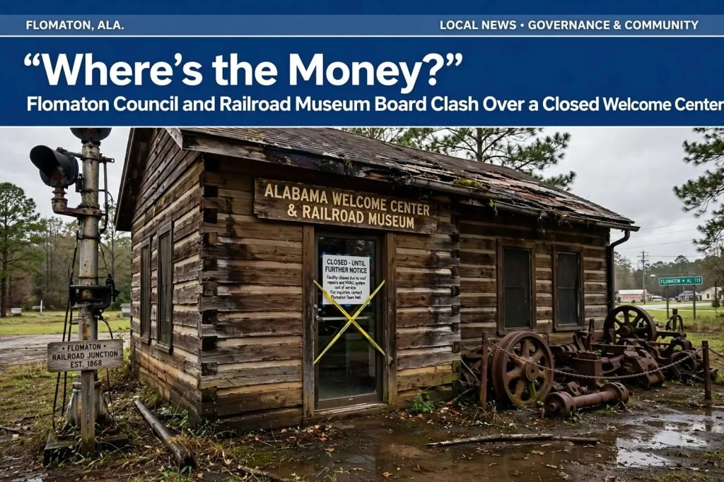 Illustration for the news story: ‘Where’s the Money?’ Flomaton Council and Railroad Museum Board Clash Over a Closed Welcome Center