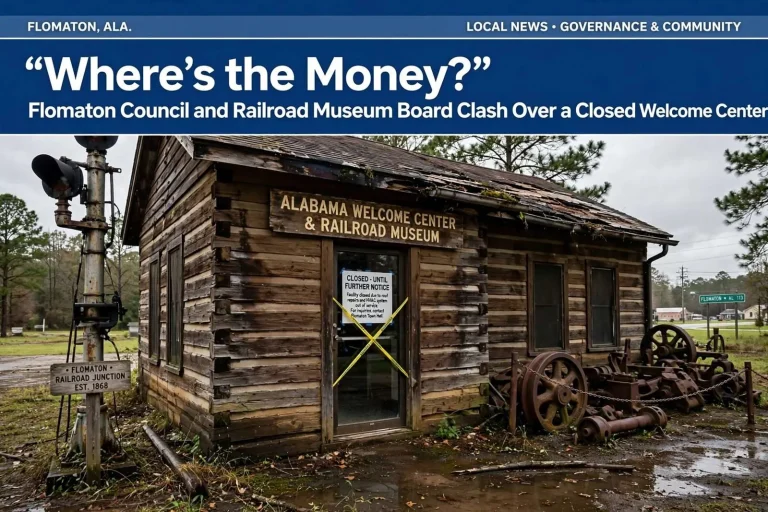 Illustration for the news story: ‘Where’s the Money?’ Flomaton Council and Railroad Museum Board Clash Over a Closed Welcome Center