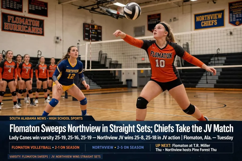 Illustration for the news story: Flomaton Sweeps Northview in Straight Sets; Chiefs Take the JV Match