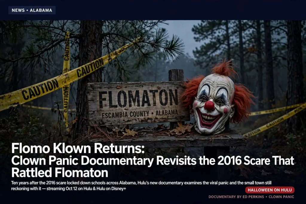 Illustration for the news story: Flomo Klown Returns: Clown Panic Documentary Revisits the 2016 Scare That Rattled Flomaton