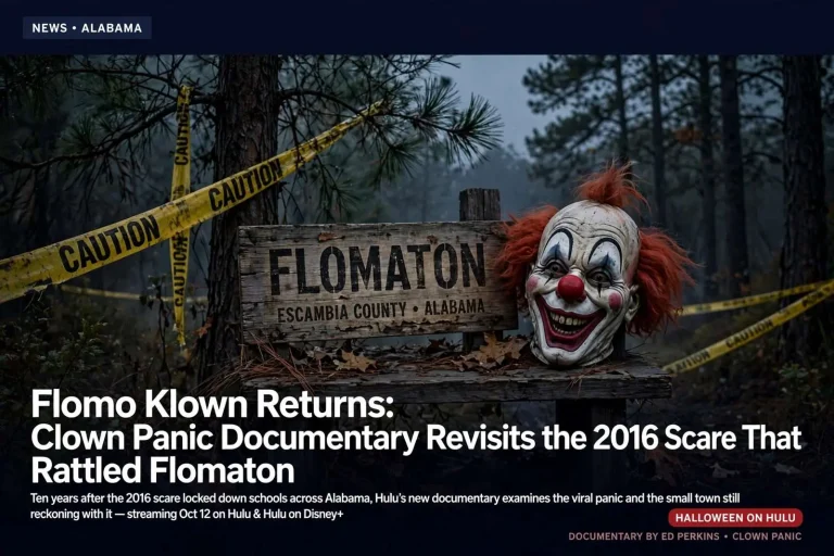 Illustration for the news story: Flomo Klown Returns: Clown Panic Documentary Revisits the 2016 Scare That Rattled Flomaton