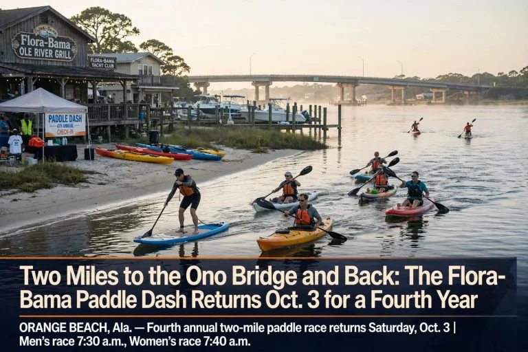 Illustration for the news story: Two Miles to the Ono Bridge and Back: The Flora-Bama Paddle Dash Returns Oct. 3 for a Fourth Year