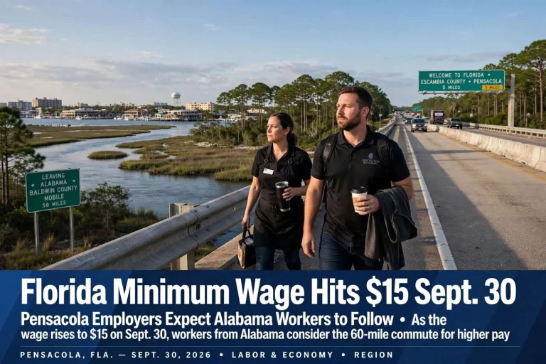 Illustration for the news story: Florida Minimum Wage Hits $15 Sept. 30, and Pensacola Employers Expect Alabama Workers to Follow