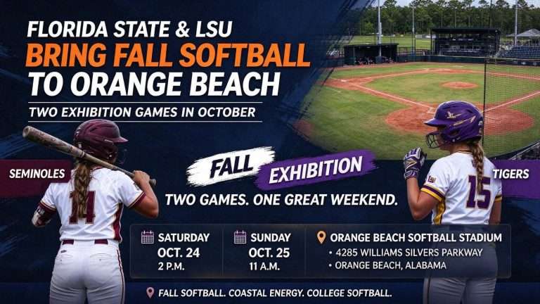 Illustration for the news story: Florida State and LSU Bring Fall Softball to Orange Beach for Two Games in October