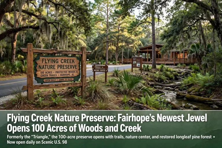 Illustration for the news story: Flying Creek Nature Preserve: Fairhope’s Newest Jewel Opens 100 Acres of Woods and Creek