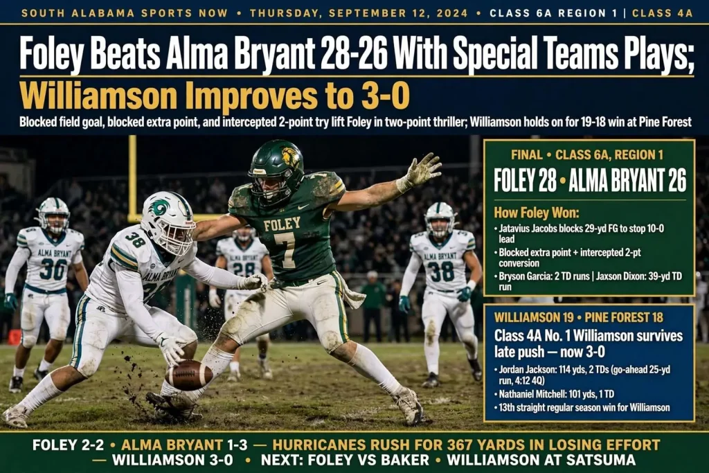 Illustration for the news story: Foley Beats Alma Bryant 28-26 With Special Teams Plays; Williamson Improves to 3-0