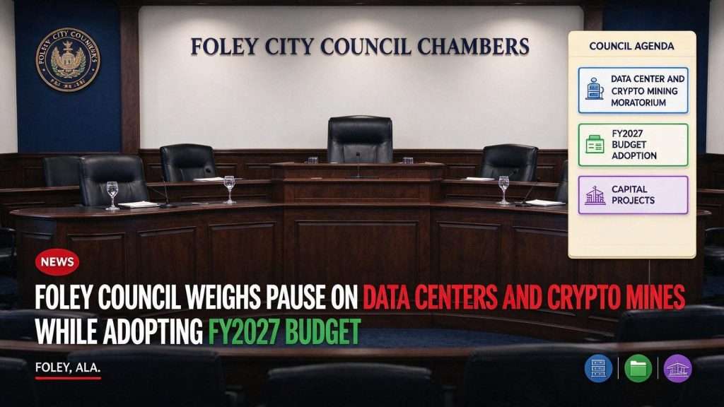 Illustration for the news story: Foley council weighs pause on data centers and crypto mines while adopting FY2027 budget