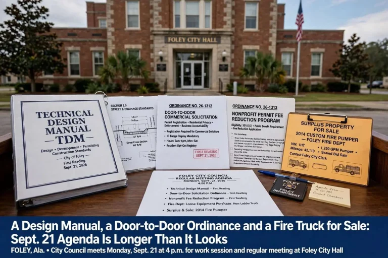 Illustration for the news story: A Design Manual, a Door-to-Door Ordinance and a Fire Truck for Sale: Foley’s Sept. 21 Agenda Is Longer Than It Looks