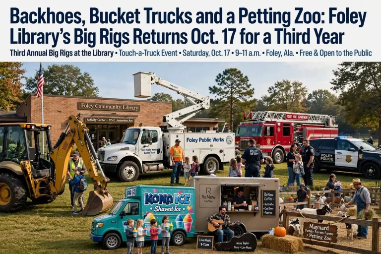 Illustration for the news story: Backhoes, Bucket Trucks and a Petting Zoo: Foley Library’s Big Rigs Returns Oct. 17 for a Third Year