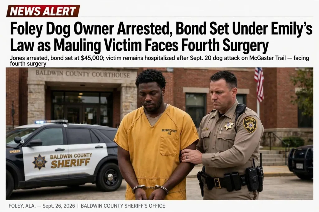 Illustration for the news story: Foley Dog Owner Arrested, Bond Set Under Emily’s Law as Mauling Victim Faces Fourth Surgery