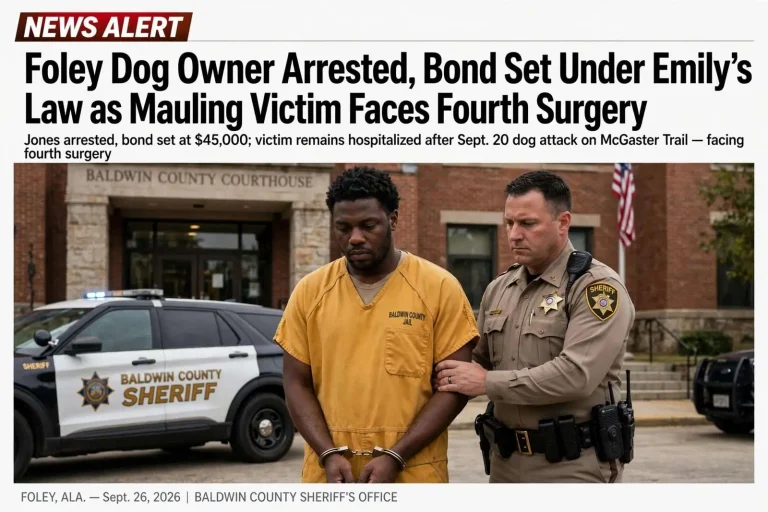 Illustration for the news story: Foley Dog Owner Arrested, Bond Set Under Emily’s Law as Mauling Victim Faces Fourth Surgery