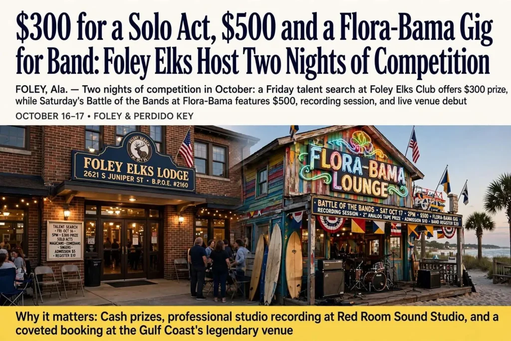 Illustration for the news story: $300 for a Solo Act, $500 and a Flora-Bama Gig for a Band: Foley Elks Host Two Nights of Competition