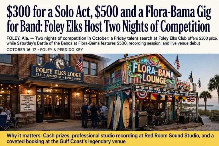 Illustration for the news story: $300 for a Solo Act, $500 and a Flora-Bama Gig for a Band: Foley Elks Host Two Nights of Competition