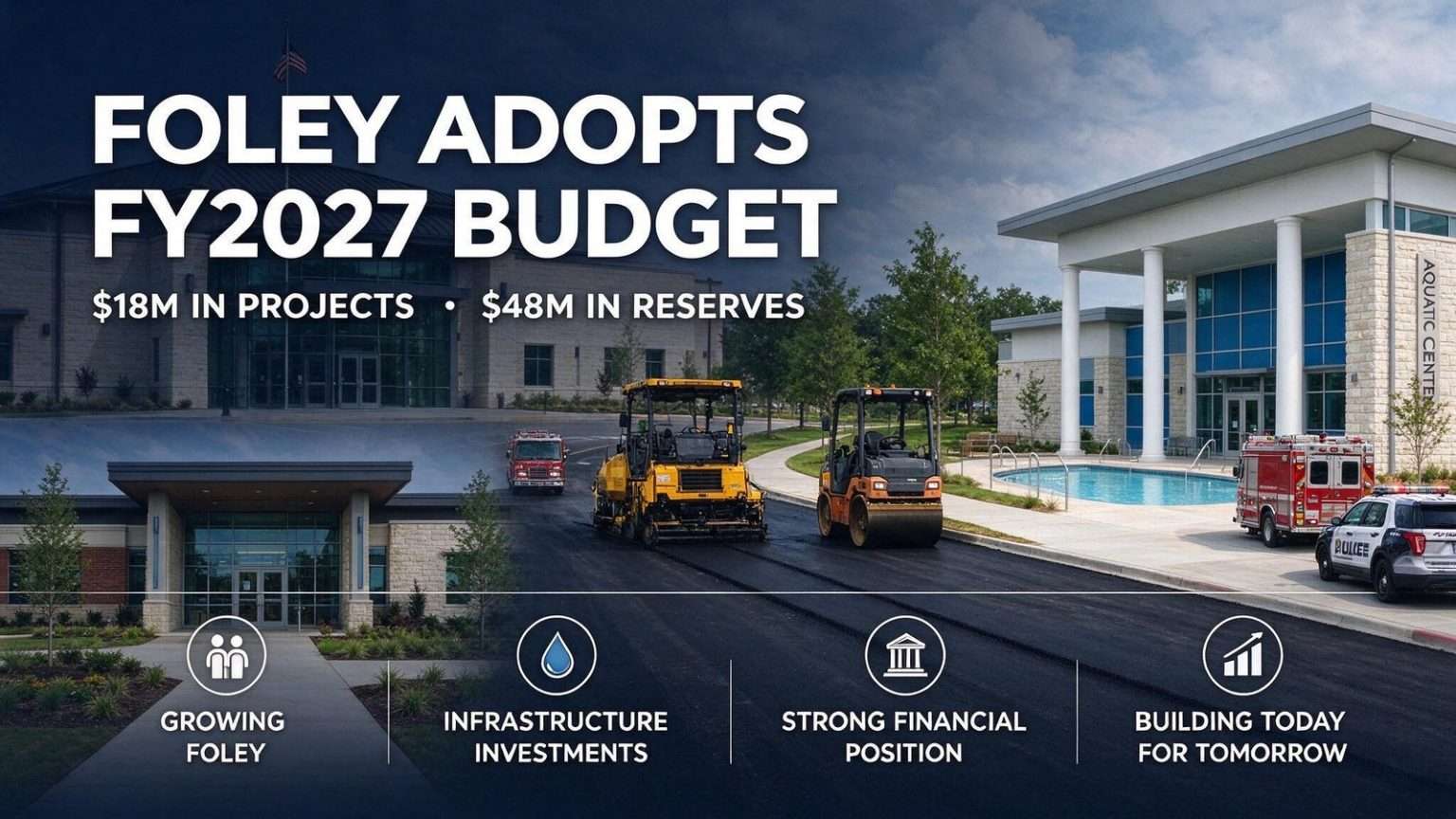 Illustration for the news story: Foley Adopts FY2027 Budget With $18 Million in Projects and $48 Million in Reserves