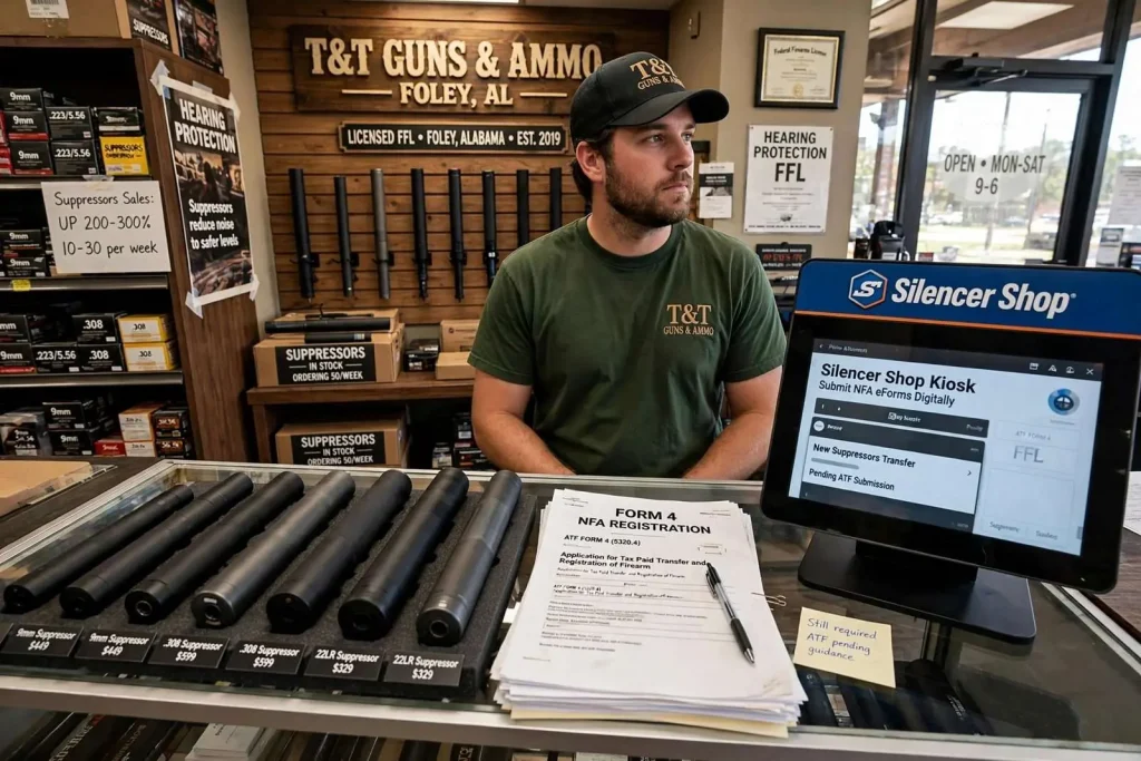 Illustration for the news story: A Foley Gun Shop Is Selling 30 Suppressors a Week — and Still Filling Out the Federal Paperwork Nobody Can Tell Them to Stop Using