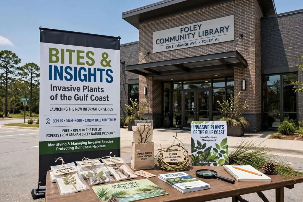 Illustration for the news story: Foley Library Launches Bites and Insights With a Session on the Invasive Plants Taking Over Gulf Coast Yards