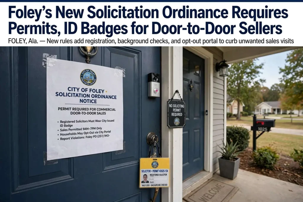 Illustration for the news story: Foley’s New Solicitation Ordinance Requires Permits, ID Badges for Door-to-Door Sellers