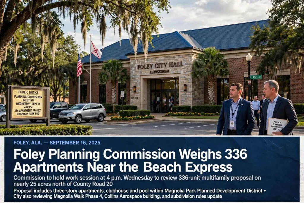 Illustration for the news story: Foley Planning Commission Weighs 336 Apartments Near the Beach Express